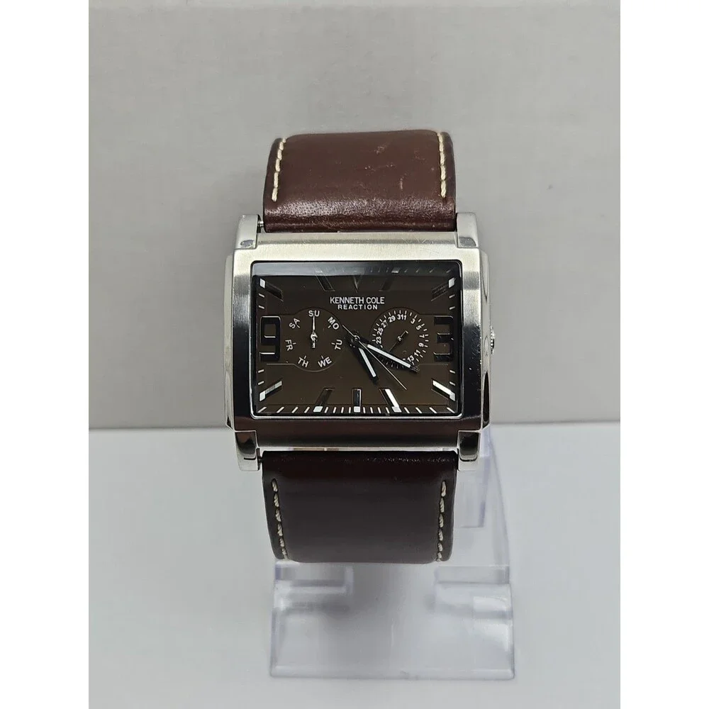 Kenneth Cole Reaction Mens Tank Brown Dial Date Leather Watch New Battery *READ